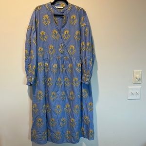 Zara embroidered maxi dress. Long sleeve. Blue and yellow. Flowy and flattering